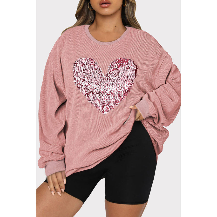 Plus Size Heart Sequin Round Neck Sweatshirt Dusty Pink / 1XL Apparel and Accessories