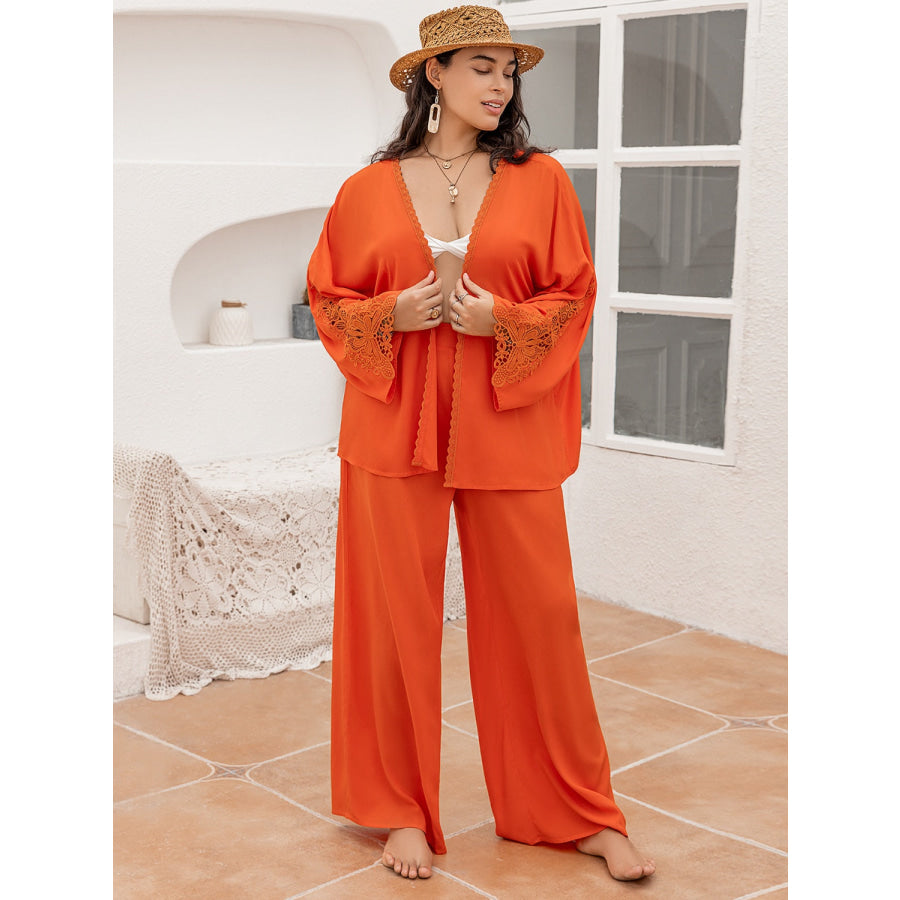 Plus Size Lace Detail Long Sleeve Top and Pants Set Apparel and Accessories