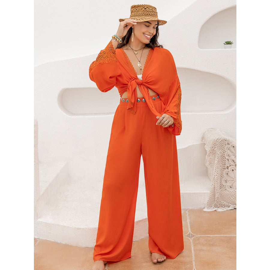 Plus Size Lace Detail Long Sleeve Top and Pants Set Apparel and Accessories