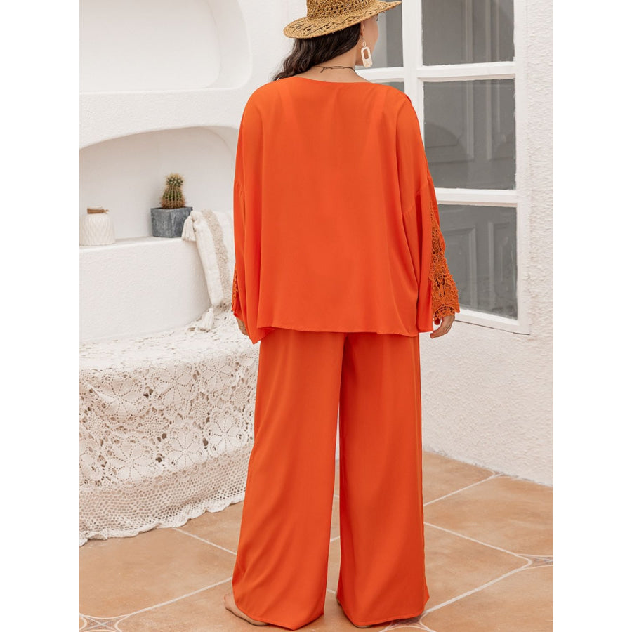 Plus Size Lace Detail Long Sleeve Top and Pants Set Orange / 0XL Apparel and Accessories