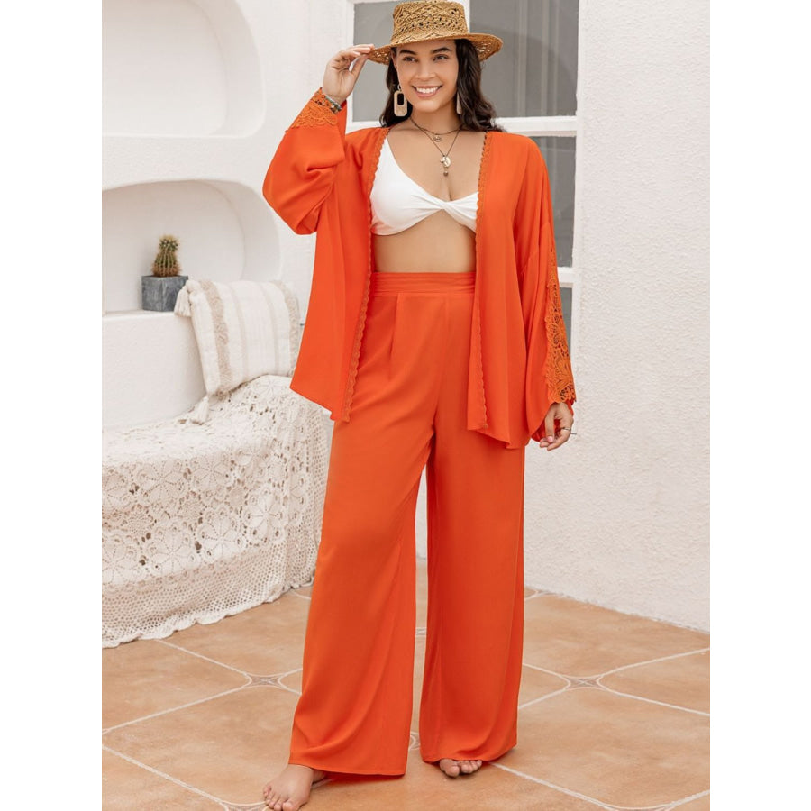 Plus Size Lace Detail Long Sleeve Top and Pants Set Orange / 0XL Apparel and Accessories
