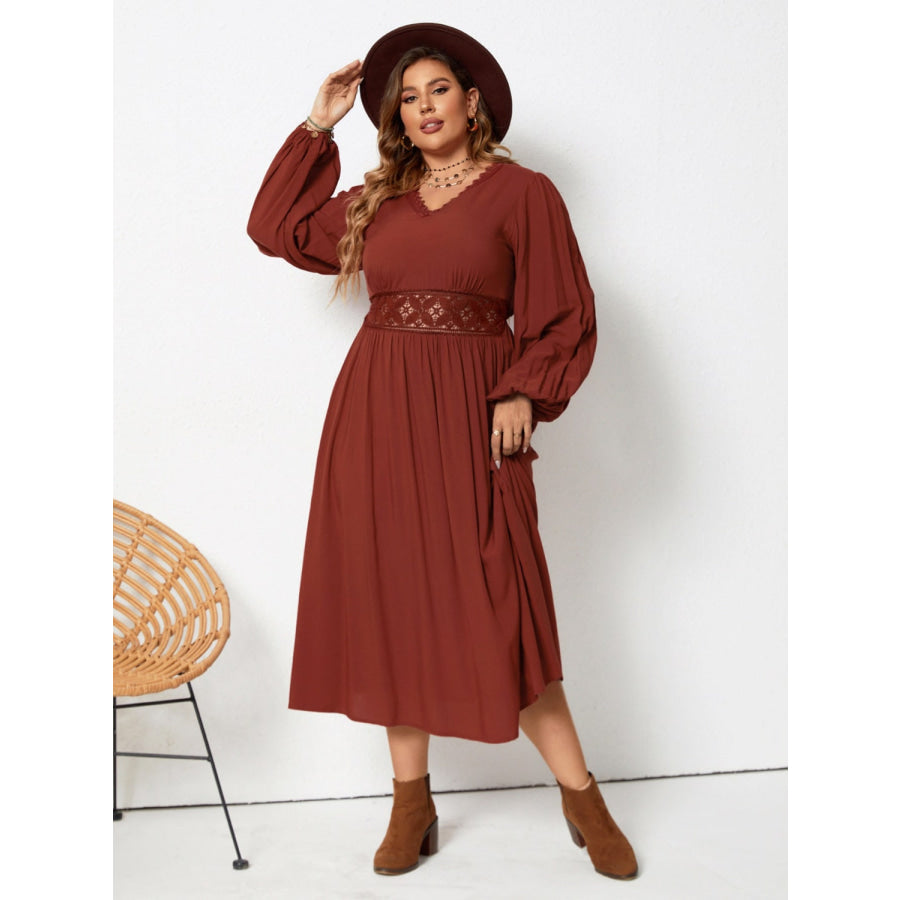 Plus Size Lace Detail V-Neck Balloon Sleeve Dress Apparel and Accessories