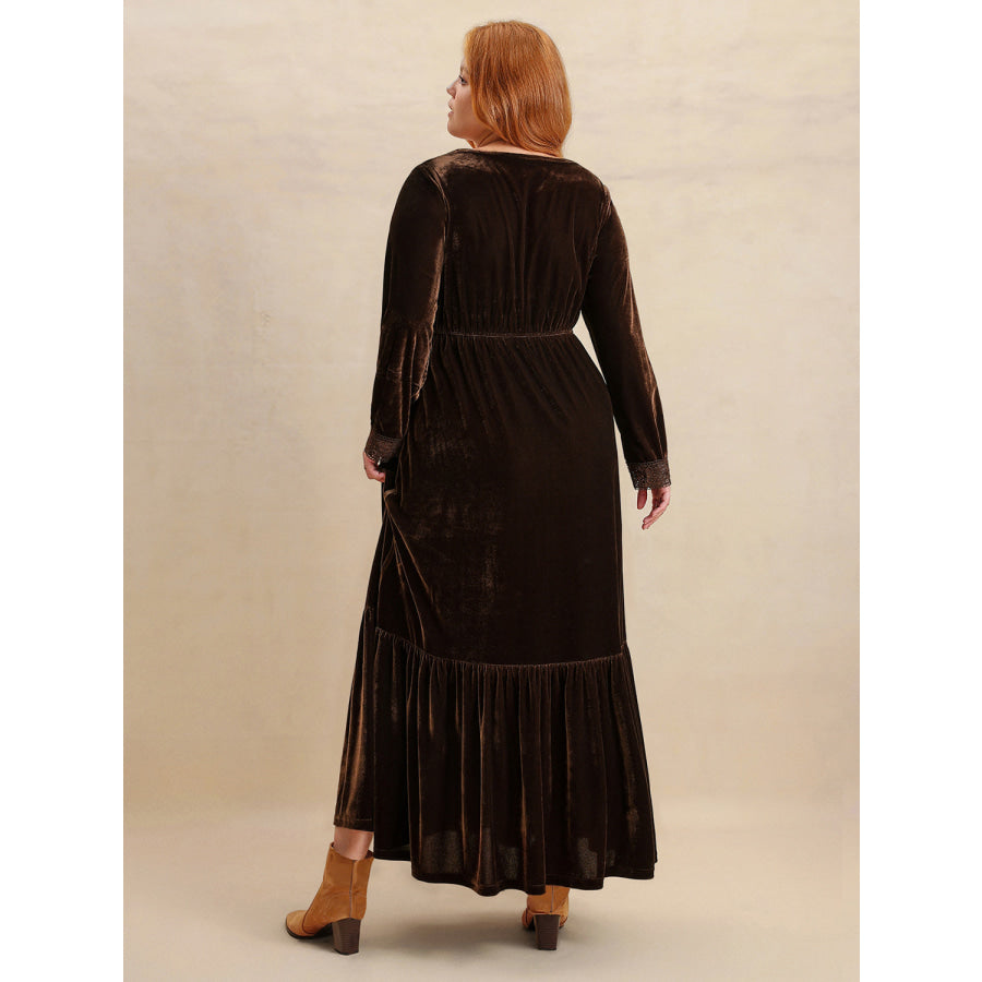 Plus Size Lace Detail V-Neck Long Sleeve Midi Dress Apparel and Accessories
