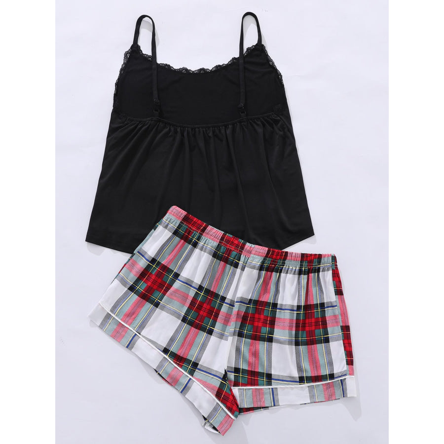Plus Size Lace Trim Scoop Neck Cami and Printed Shorts Pajama Set