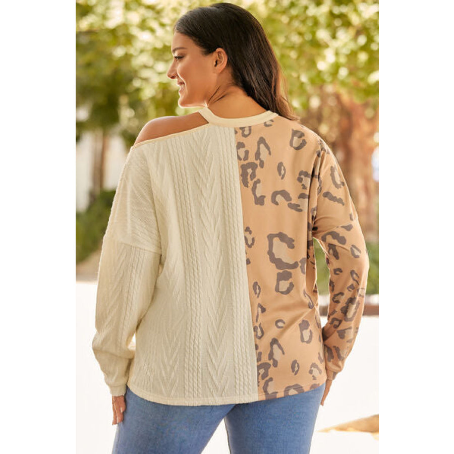 Plus Size Leopard Color Block Long Sleeve T-Shirt Cream / 1XL Clothing