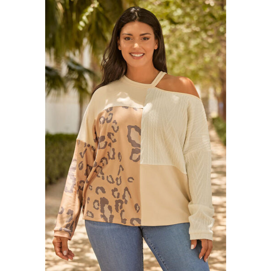 Plus Size Leopard Color Block Long Sleeve T-Shirt Cream / 1XL Clothing