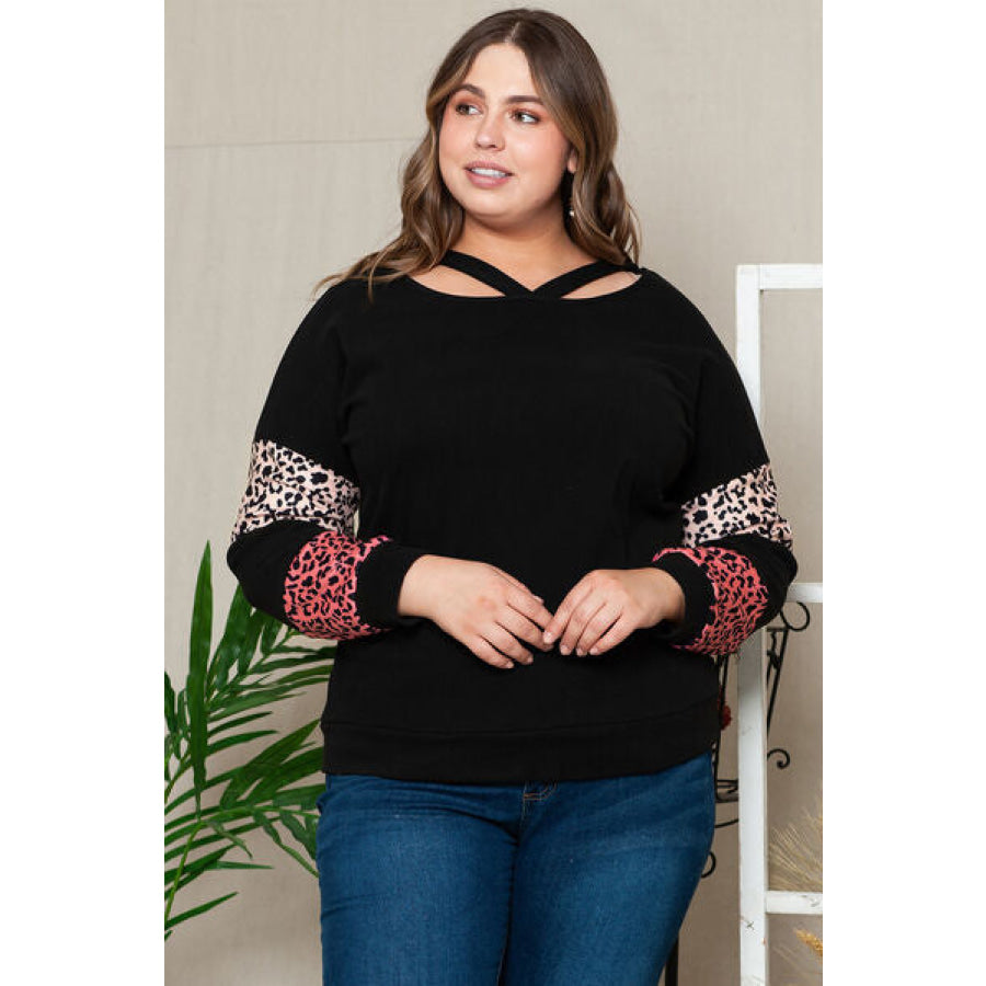 Plus Size Leopard Dropped Shoulder Long Sleeve T-Shirt Clothing