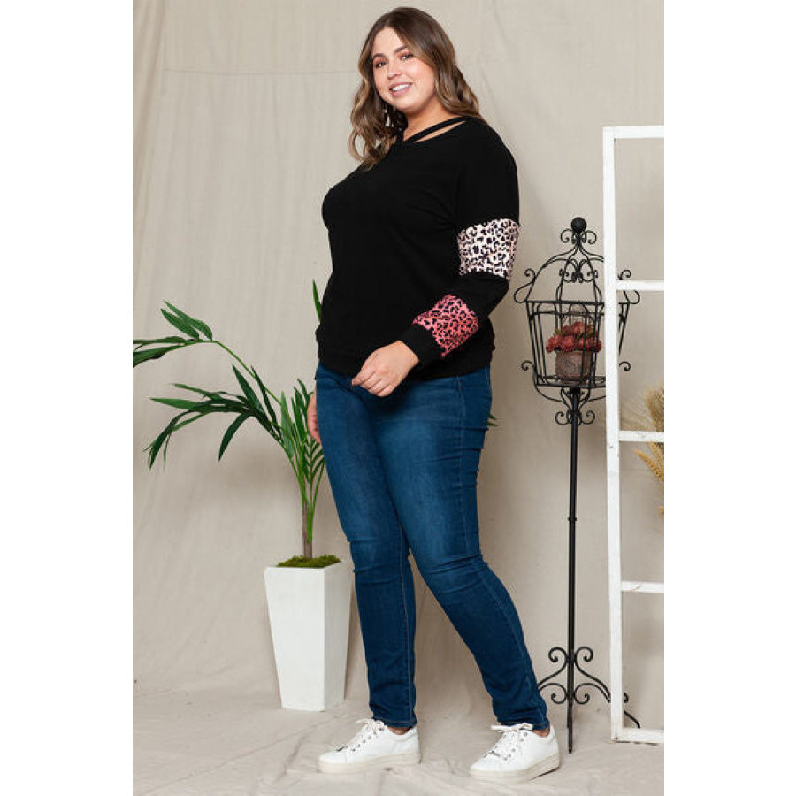 Plus Size Leopard Dropped Shoulder Long Sleeve T-Shirt Clothing