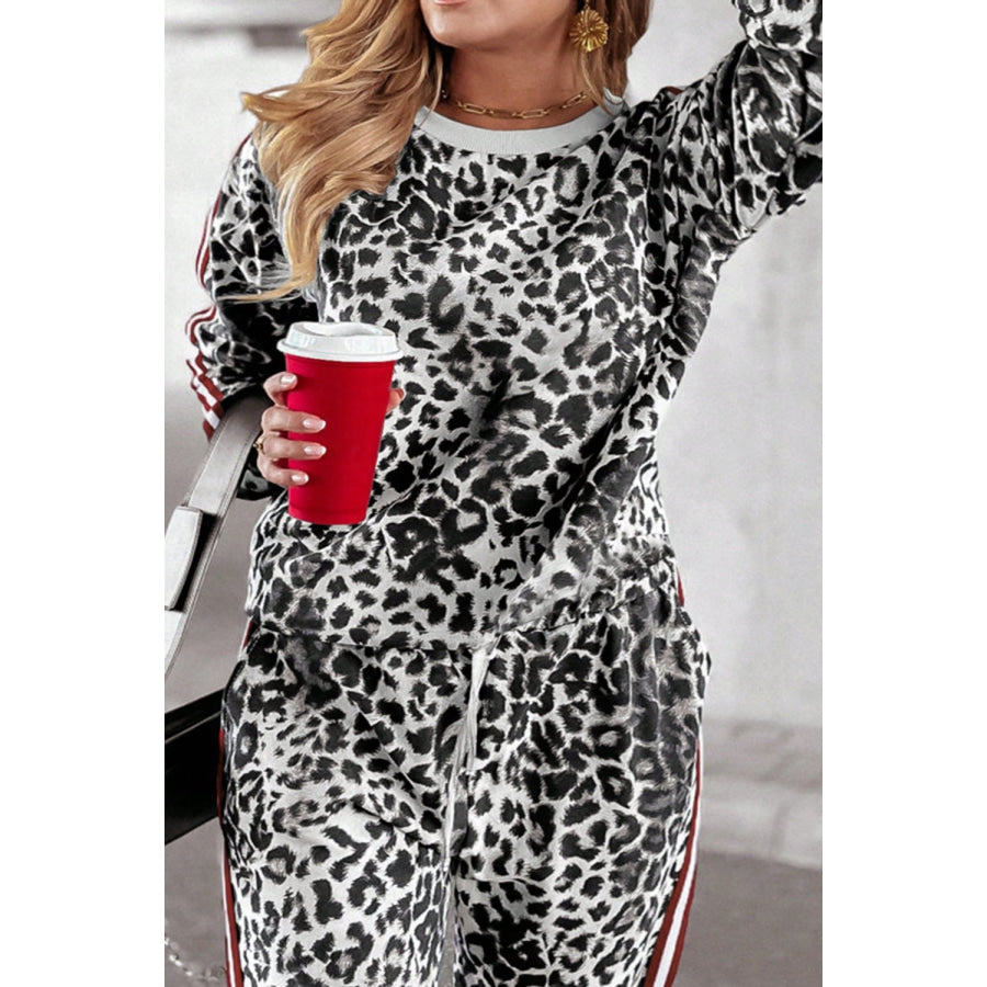 Plus Size Leopard Round Neck Top and Pants Set Apparel and Accessories