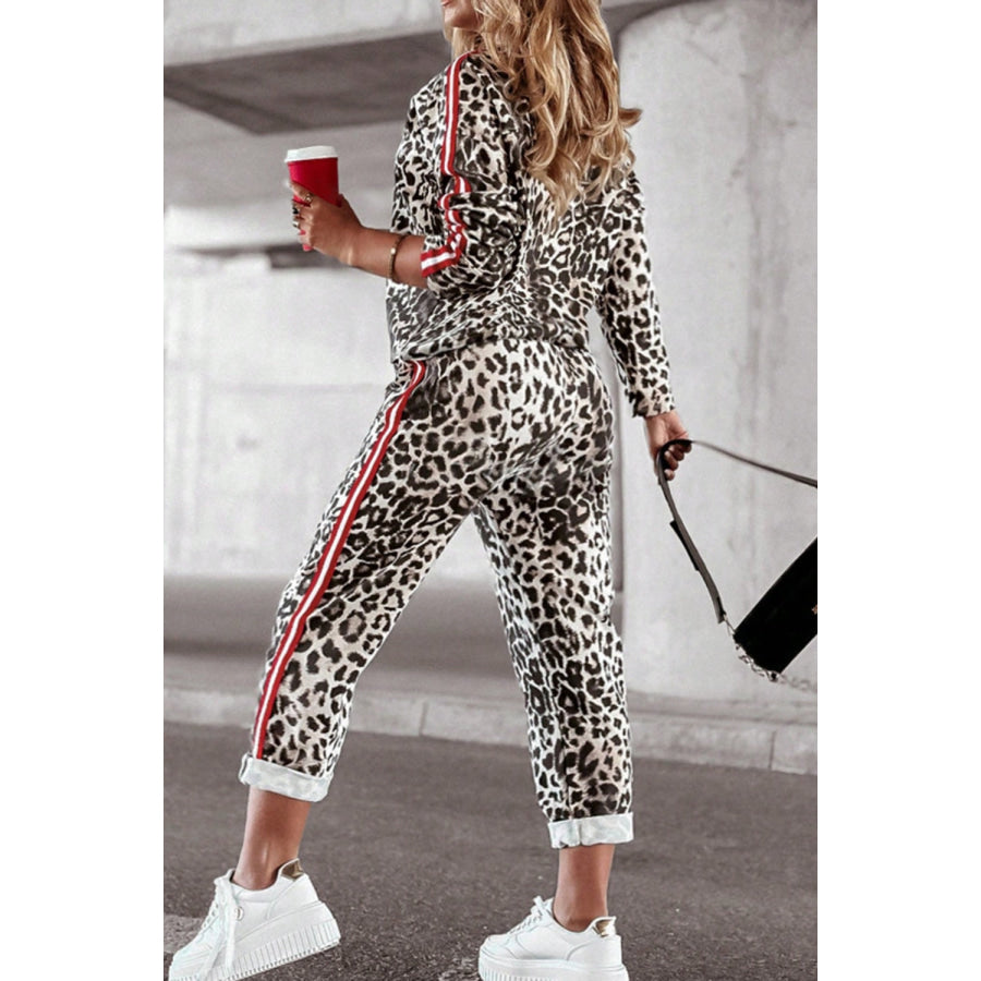 Plus Size Leopard Round Neck Top and Pants Set Apparel and Accessories