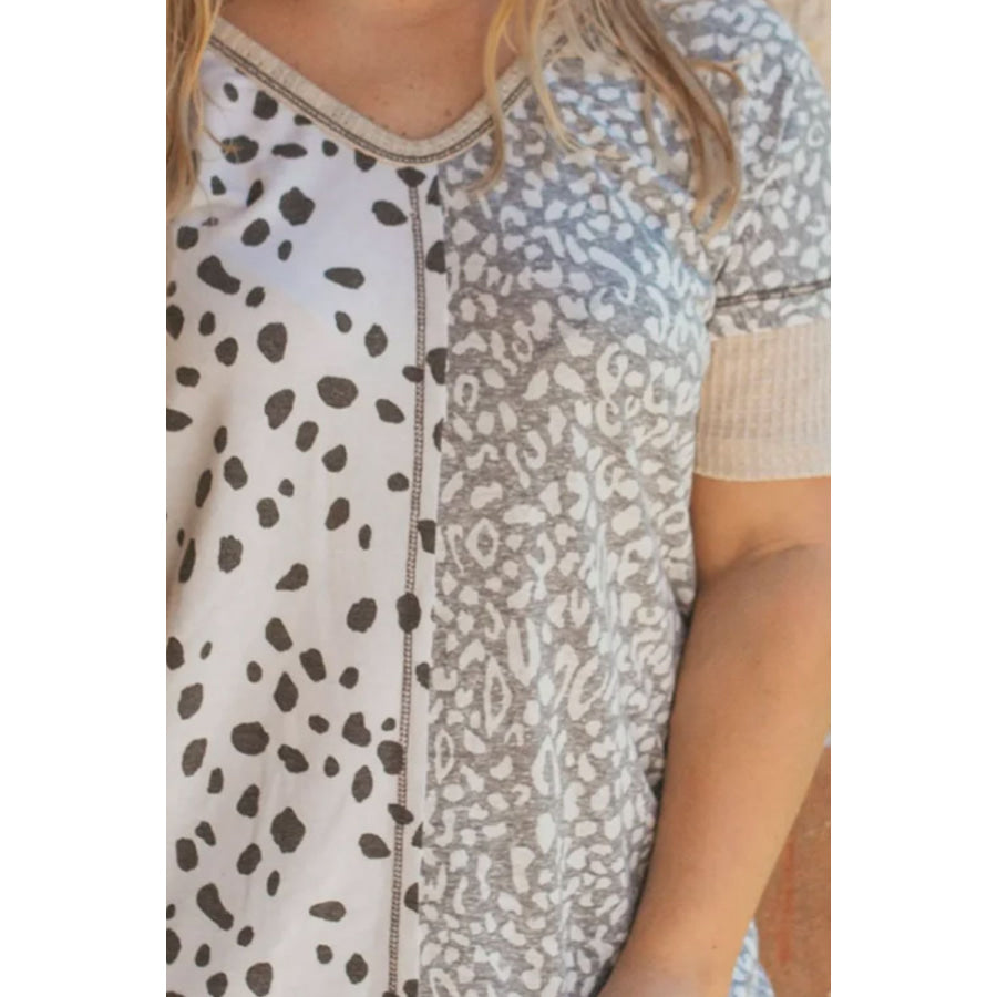 Plus Size Leopard V - Neck Short Sleeve T - Shirt Apparel and Accessories