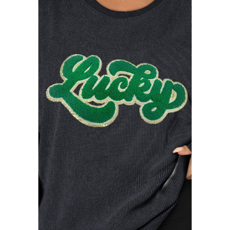 Plus Size LUCKY Round Neck Sweatshirt Black / 1X Apparel and Accessories