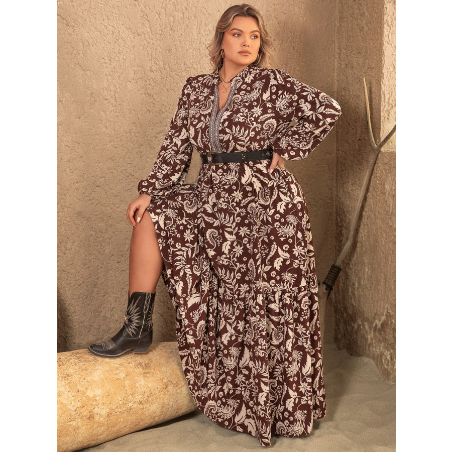 Plus Size Notched Balloon Sleeve Printed Maxi Dress Apparel and Accessories