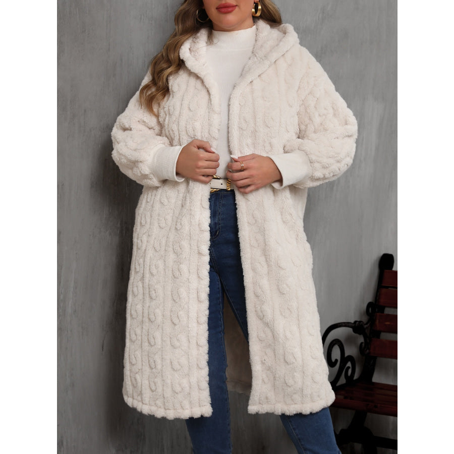 Plus Size Open Front Hooded Plush Coat Eggshell / 0XL Apparel and Accessories