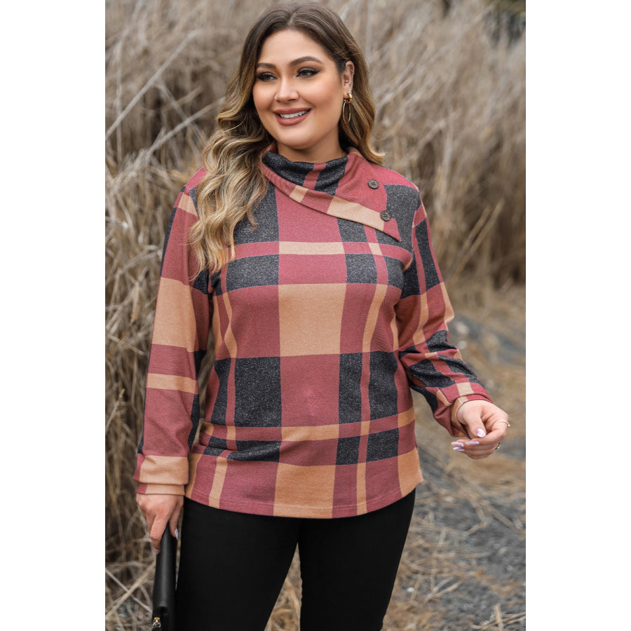 Plus Size Plaid Cowl Neck Long Sleeve Sweatshirt Apparel and Accessories