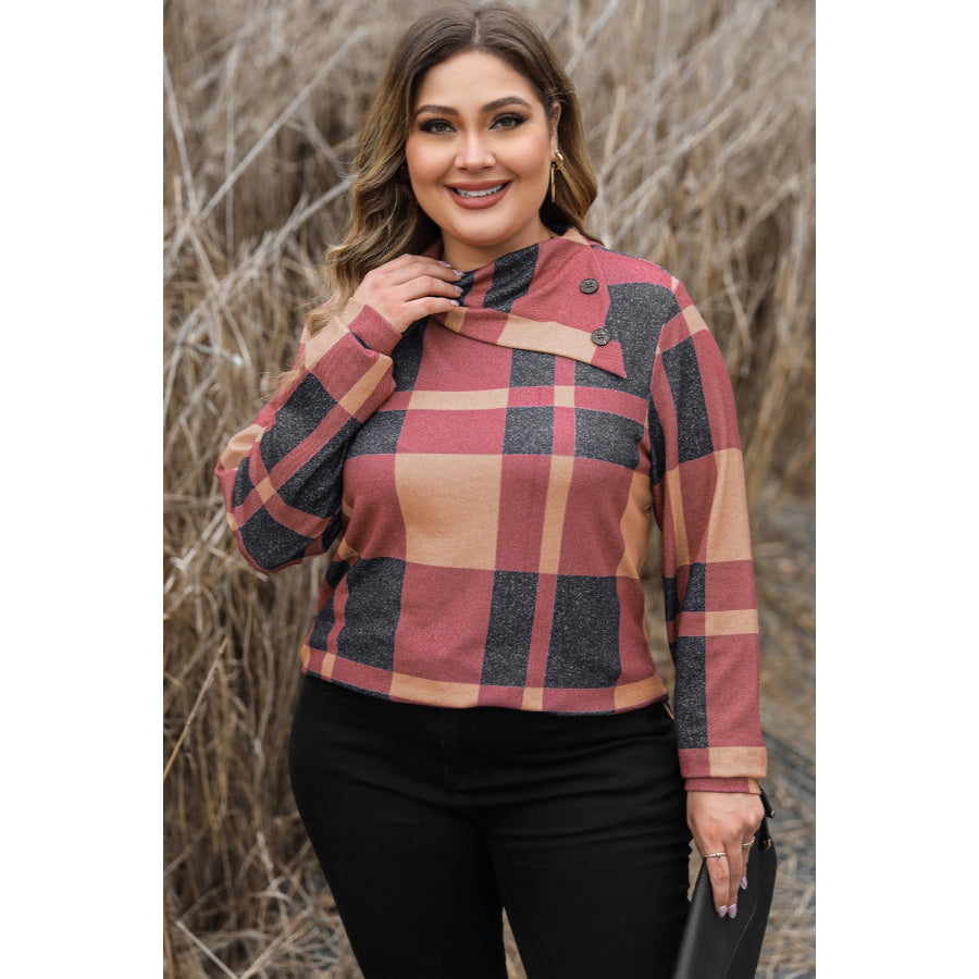Plus Size Plaid Cowl Neck Long Sleeve Sweatshirt Apparel and Accessories