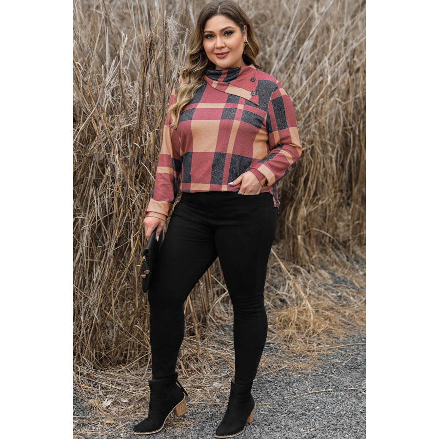 Plus Size Plaid Cowl Neck Long Sleeve Sweatshirt Apparel and Accessories