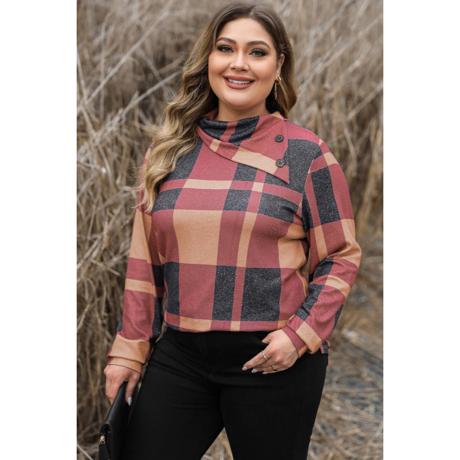 Plus Size Plaid Cowl Neck Long Sleeve Sweatshirt Apparel and Accessories