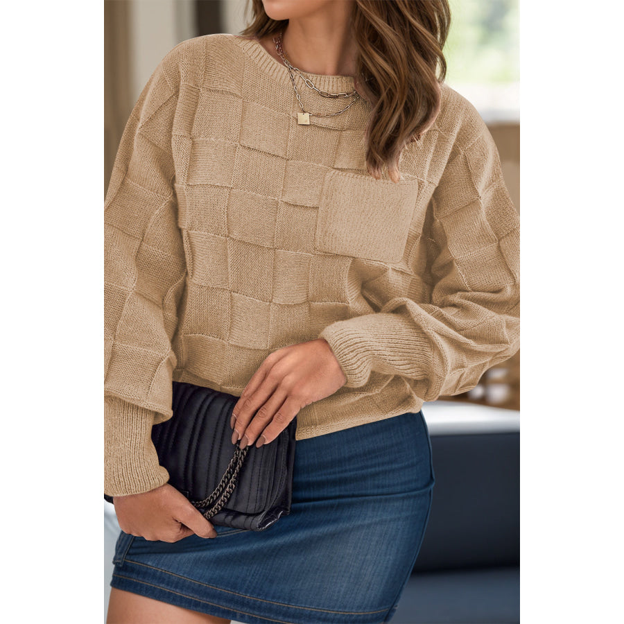 Plus Size Plaid Round Neck Sweater Tan / 1XL Apparel and Accessories
