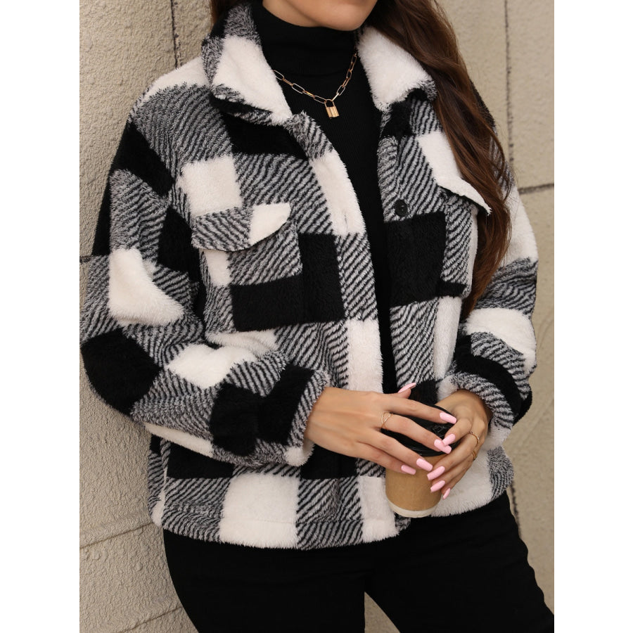 Plus Size Pocketed Plaid Collared Neck Jacket Apparel and Accessories