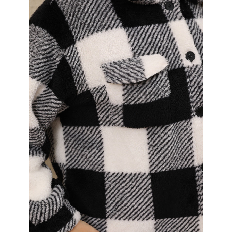 Plus Size Pocketed Plaid Collared Neck Jacket Apparel and Accessories
