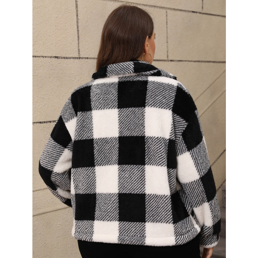 Plus Size Pocketed Plaid Collared Neck Jacket Apparel and Accessories