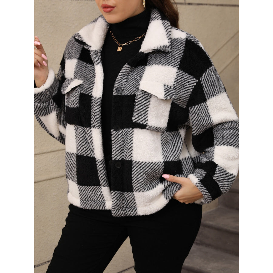 Plus Size Pocketed Plaid Collared Neck Jacket Apparel and Accessories