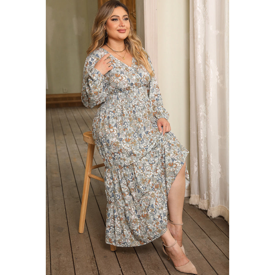 Plus Size Printed Balloon Sleeve Ruffle Hem Dress Apparel and Accessories