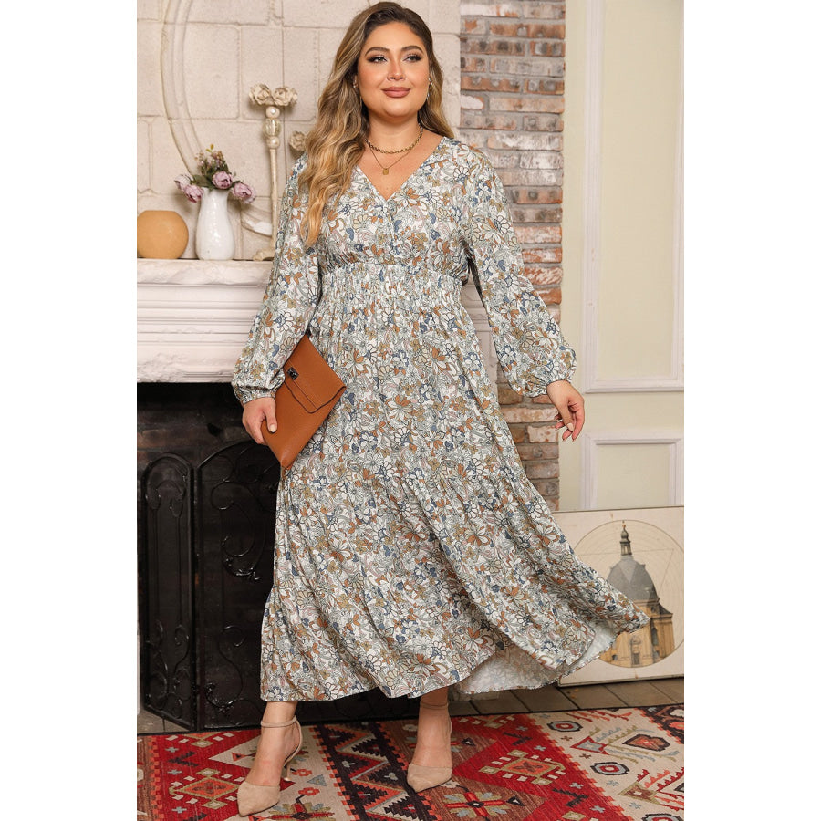 Plus Size Printed Balloon Sleeve Ruffle Hem Dress Apparel and Accessories