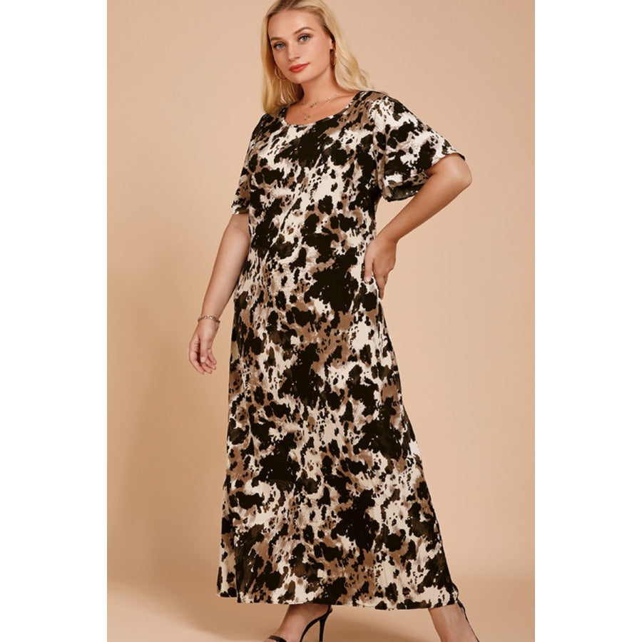 Plus Size Printed Flutter Sleeve Maxi Dress Coffee Brown / XL