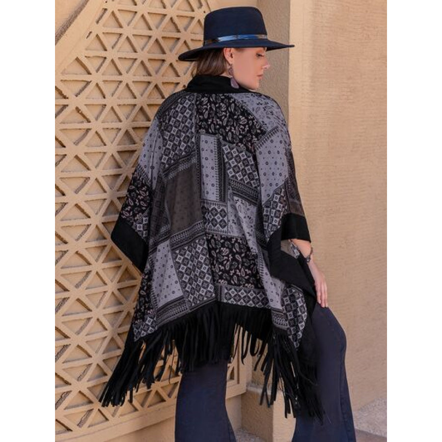 Plus Size Printed Fringe Open Front Outerwear Clothing