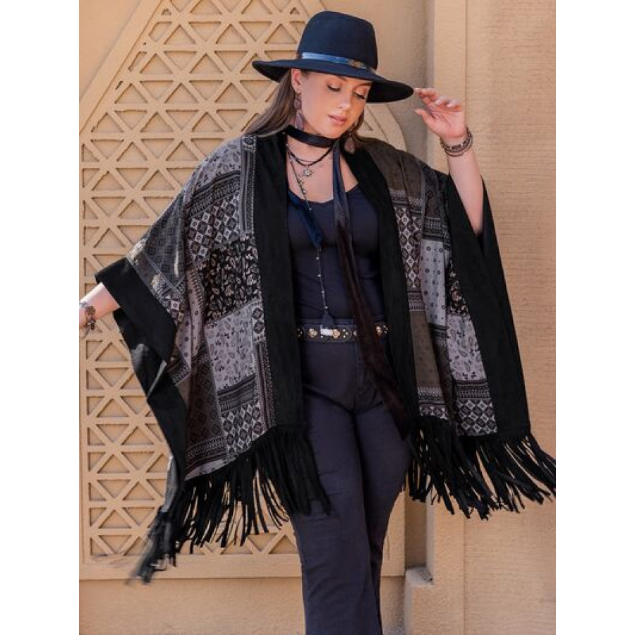 Plus Size Printed Fringe Open Front Outerwear Clothing