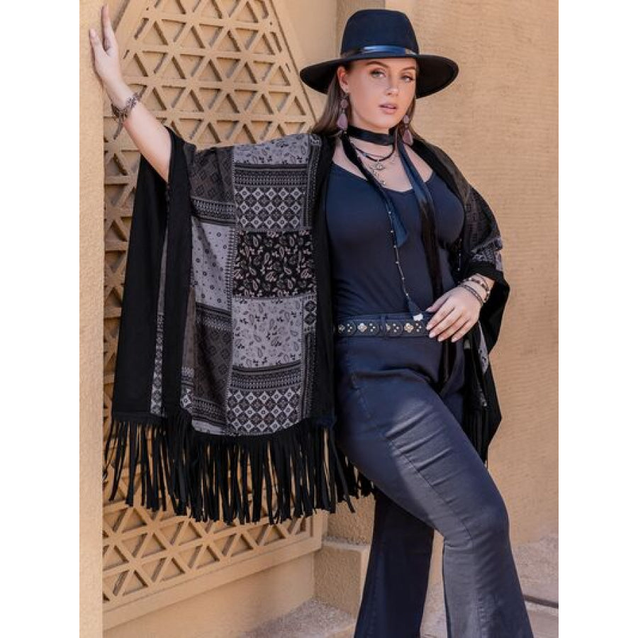 Plus Size Printed Fringe Open Front Outerwear Clothing