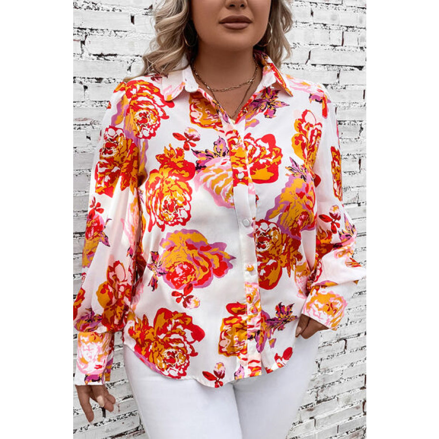 Plus Size Printed Long Sleeve Shirt Floral / 1XL Apparel and Accessories