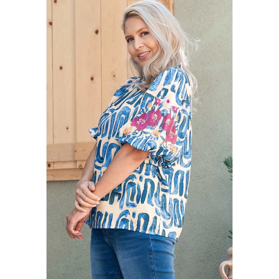 Plus Size Printed Mock Neck Short Sleeve Blouse Apparel and Accessories