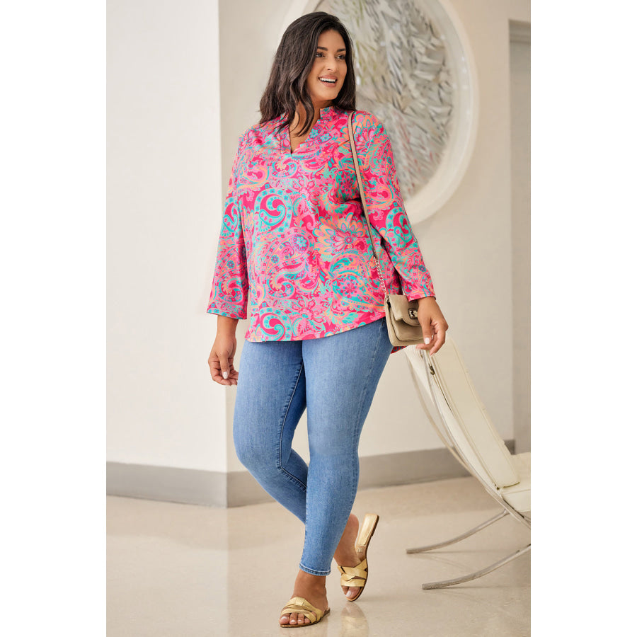Plus Size Printed Notched Long Sleeve Blouse Apparel and Accessories