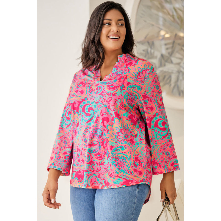 Plus Size Printed Notched Long Sleeve Blouse Apparel and Accessories