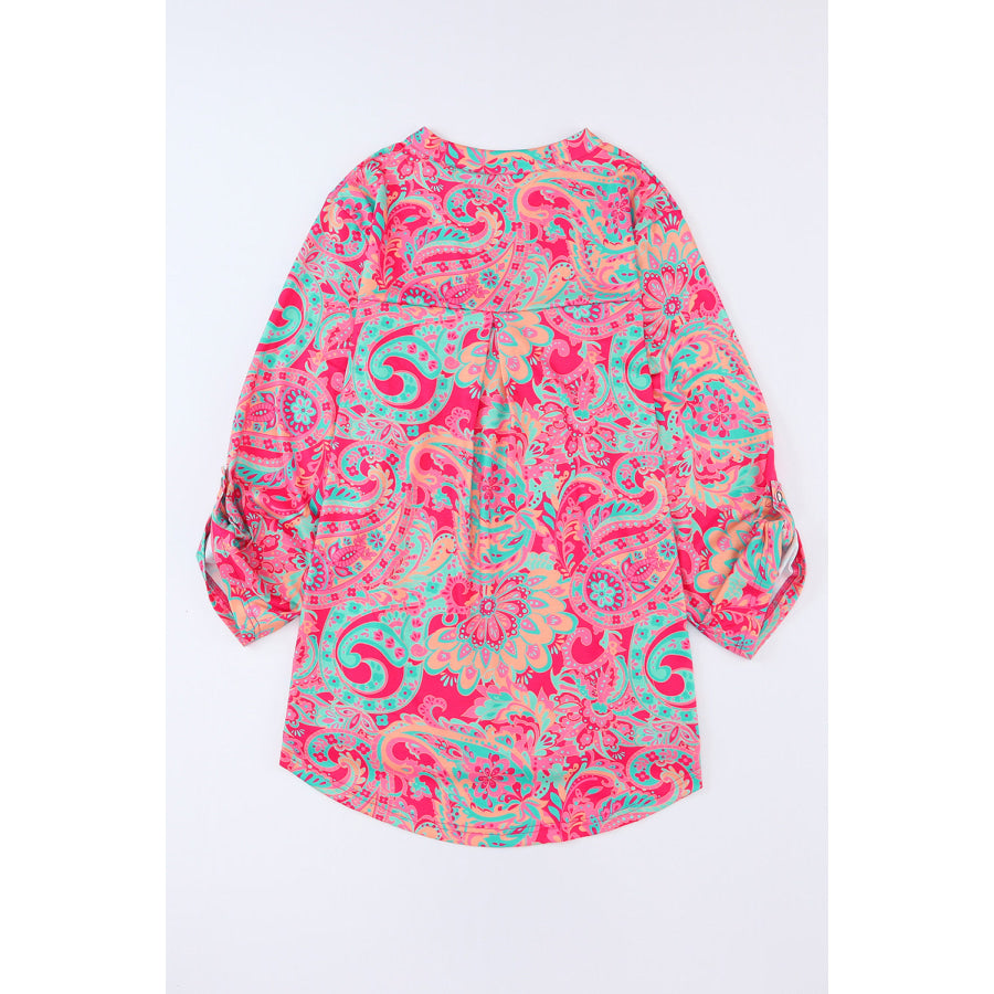 Plus Size Printed Notched Long Sleeve Blouse Apparel and Accessories