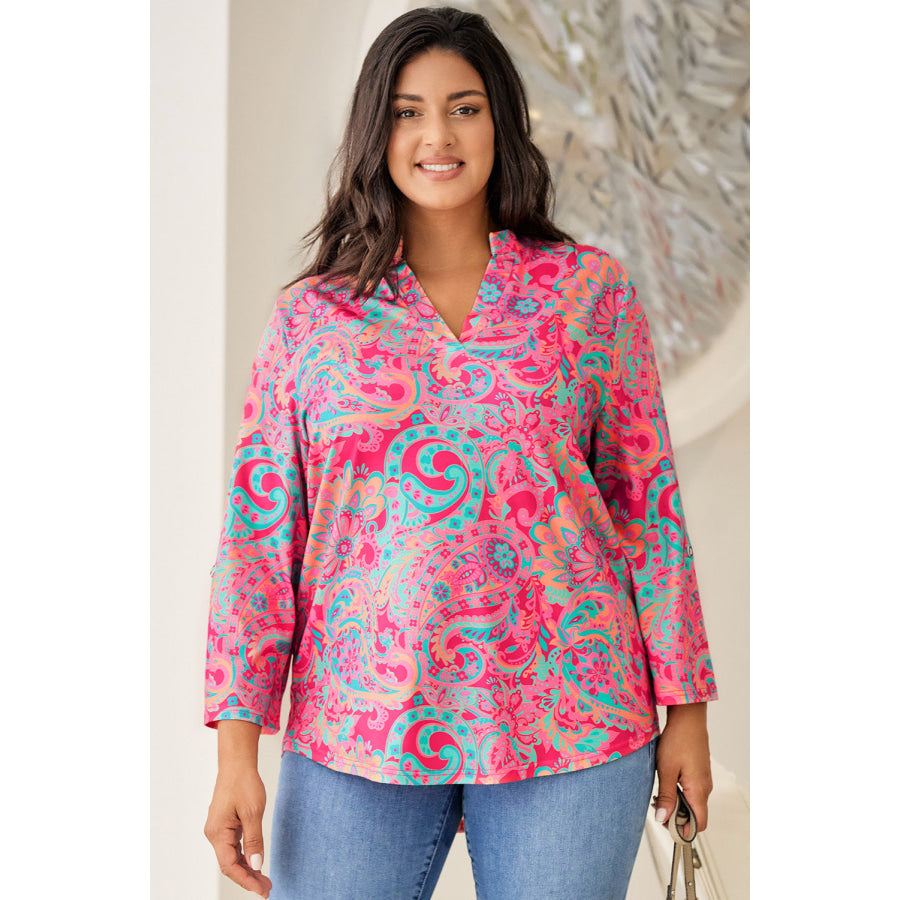 Plus Size Printed Notched Long Sleeve Blouse Apparel and Accessories