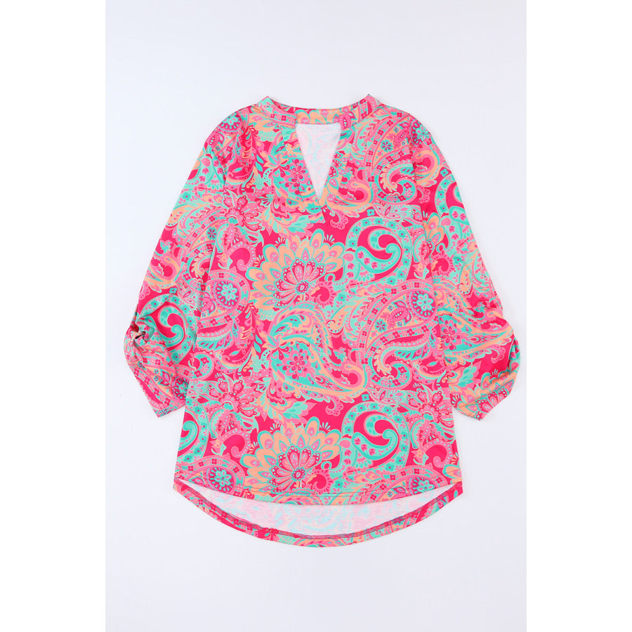 Plus Size Printed Notched Long Sleeve Blouse Apparel and Accessories