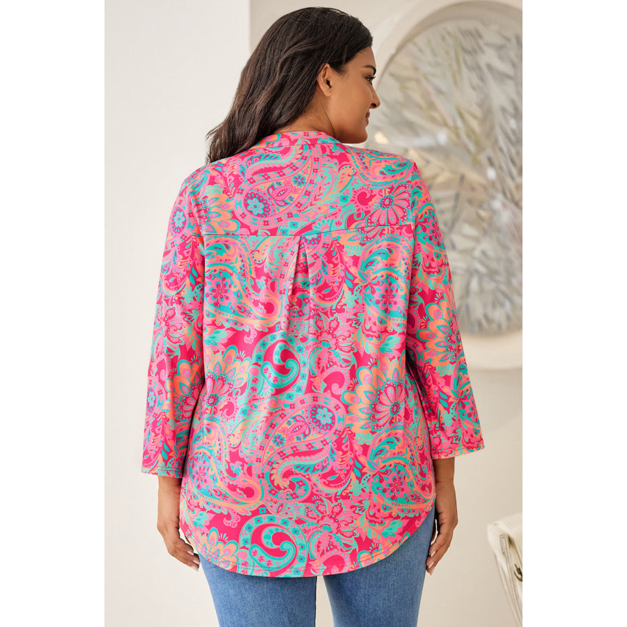 Plus Size Printed Notched Long Sleeve Blouse Apparel and Accessories