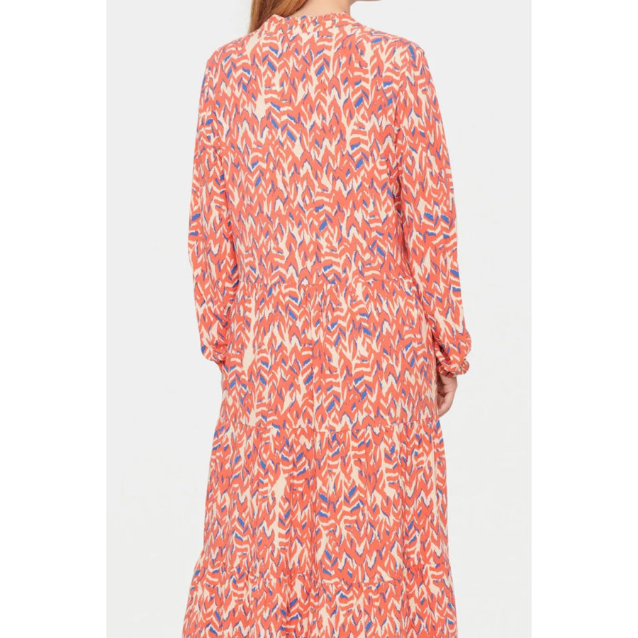 Plus Size Printed Notched Long Sleeve Dress Burnt Coral / 1XL Apparel and Accessories