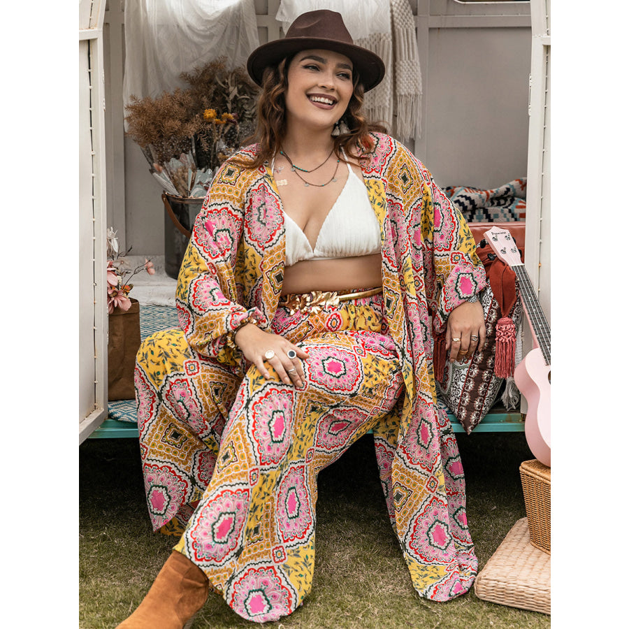 Plus Size Printed Open Front Cover Up and Pants Set Apparel and Accessories