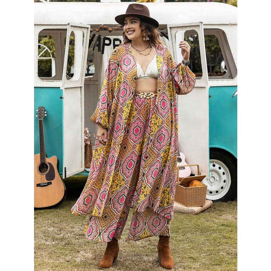 Plus Size Printed Open Front Cover Up and Pants Set Apparel and Accessories