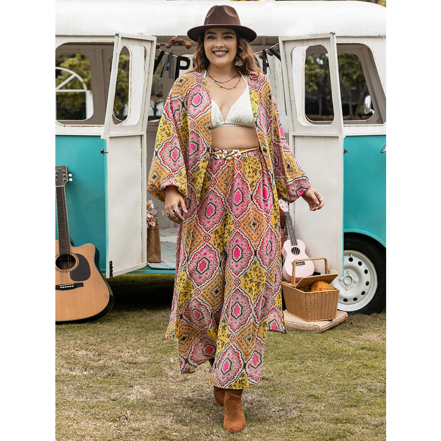 Plus Size Printed Open Front Cover Up and Pants Set Apparel and Accessories