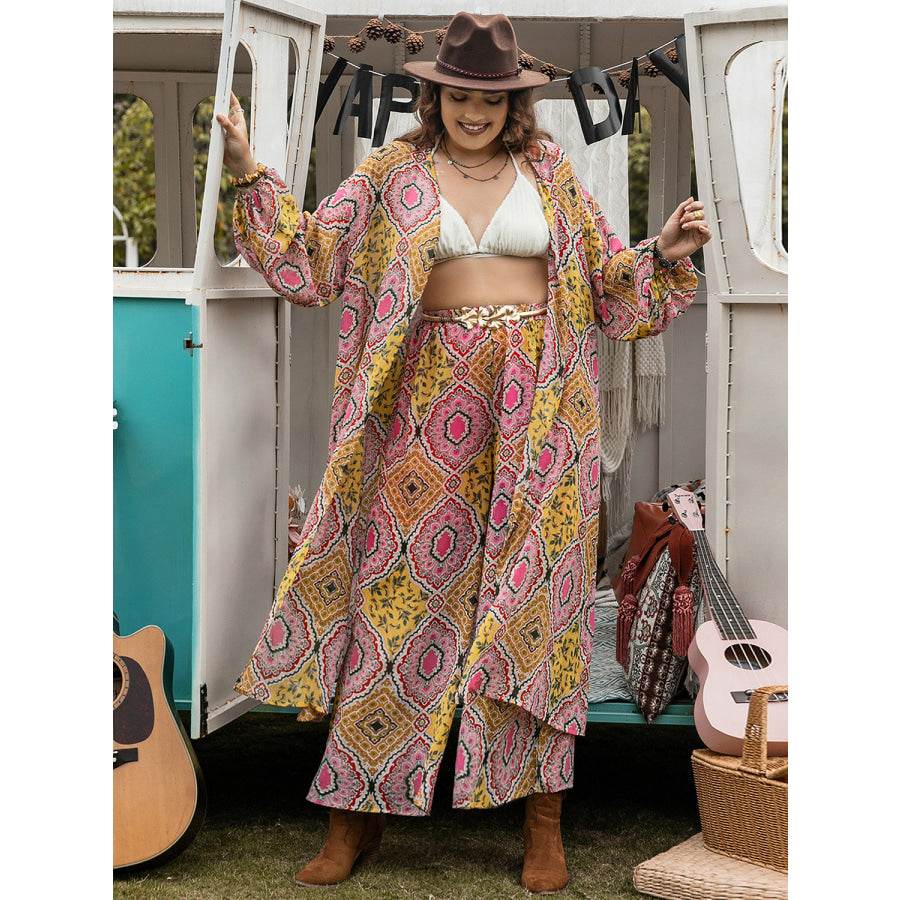 Plus Size Printed Open Front Cover Up and Pants Set Apparel and Accessories