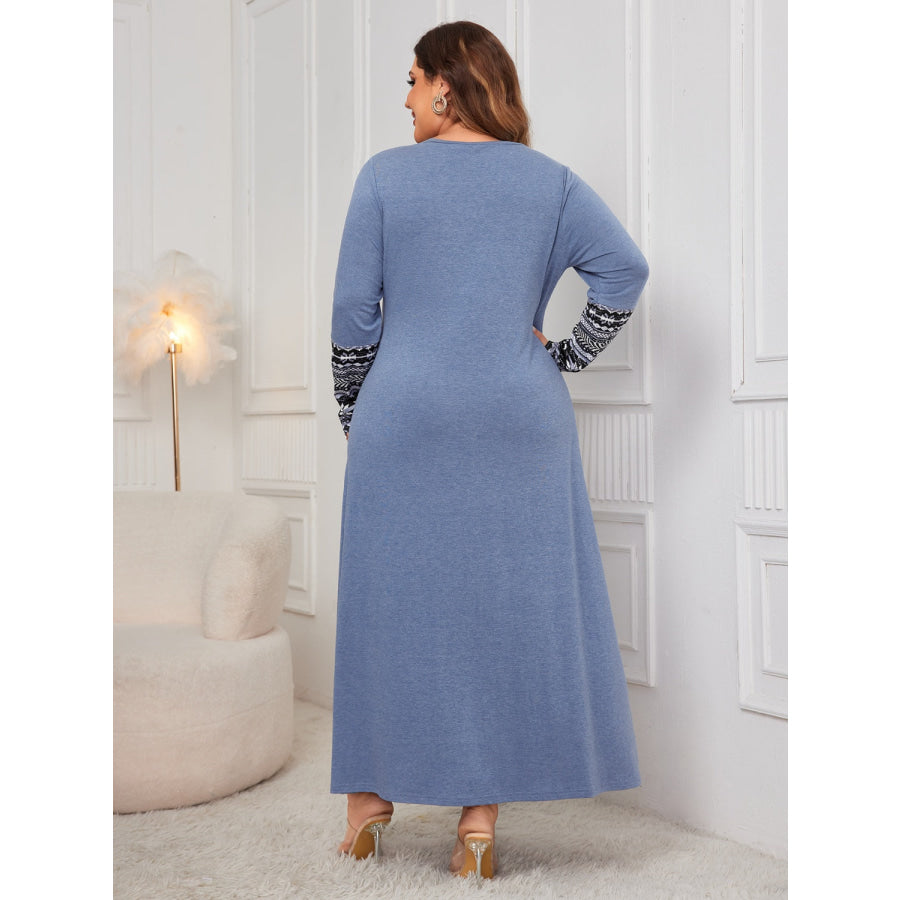 Plus Size Printed Round Neck Long Sleeve Dress Dusty Blue / 1XL Apparel and Accessories