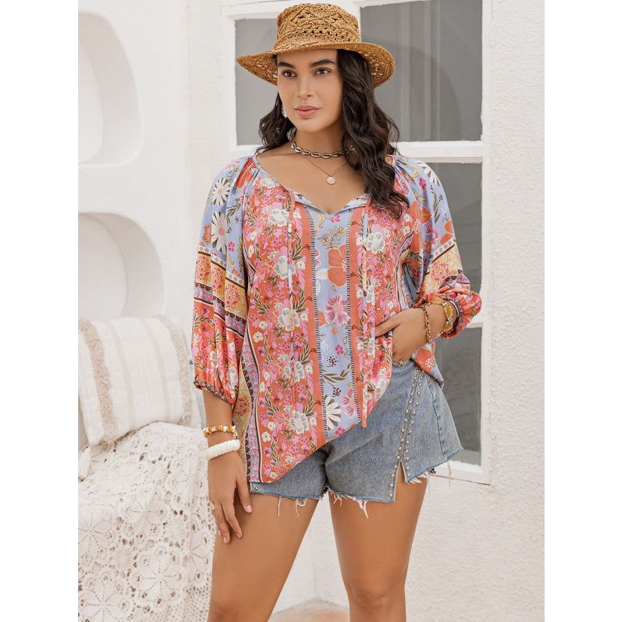 Plus Size Printed Tie Neck Balloon Sleeve Blouse Apparel and Accessories