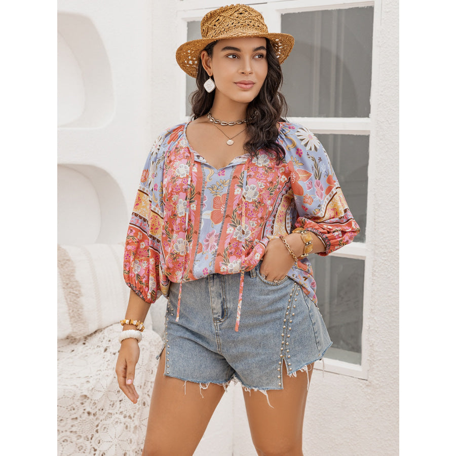 Plus Size Printed Tie Neck Balloon Sleeve Blouse Apparel and Accessories