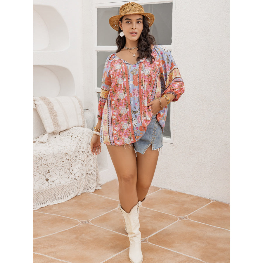 Plus Size Printed Tie Neck Balloon Sleeve Blouse Apparel and Accessories